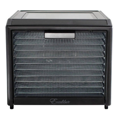Keep It Fresh With This Top Shelf Electric Food Dehydrator Boasting Ten Rustproof Stainless Steel Trays front view with clear glass door.