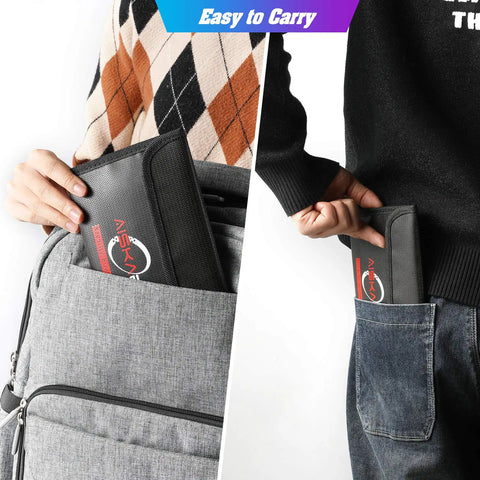 Person inserting Fireproof And Water Resistant Silicone Coated Safe Storage Bag into a backpack and a pocket.