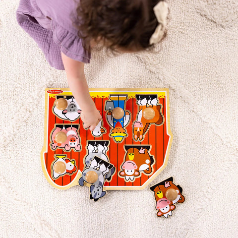 Farm Animals Jumbo Knob Puzzle For Toddlers Wooden Peg Puzzle For Early Learning Shape Recognition And Fine Motor Skills Cow Pig Horse On Colorful Barnyard Scene Kid Friendly Educational Toy For Ages 1 And Up puzzle in use by toddler