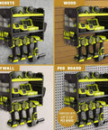 Heavy Duty Power Tool Organizer Wall Mount Rack Three Tier Steel Rock Solid Storage with Four Drill Slots for various surfaces.