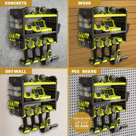 Heavy Duty Power Tool Organizer Wall Mount Rack Three Tier Steel Rock Solid Storage with Four Drill Slots for various surfaces.