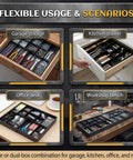 2 Pack Tool Box Organizer Tray Dividers Expandable Desk Drawer Organizer With 12 Plus 2 Compartments Fits 12 To 20.5 Inch Large Tool Chests Rolling Chest Cart Workbench Storage For Wrenches Screwdrivers Nuts And Bolts usage in garage, kitchen, office, and workshop settings.