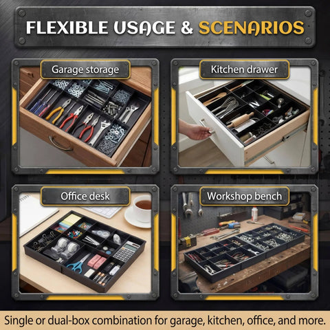 2 Pack Tool Box Organizer Tray Dividers Expandable Desk Drawer Organizer With 12 Plus 2 Compartments Fits 12 To 20.5 Inch Large Tool Chests Rolling Chest Cart Workbench Storage For Wrenches Screwdrivers Nuts And Bolts usage in garage, kitchen, office, and workshop settings.