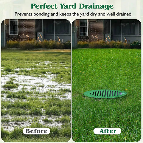 Before and after installation of 4 Inch Green Angled Drainage Grate for yard drainage systems that fast tracks surface water and prevents ponding.