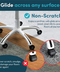 Heavy Duty Office Chair Wheels Replacement 5 Pack Glide Like Butter Polyurethane Casters With Steel Core Ball Bearings close up of casters on mixed flooring.