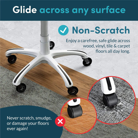 Heavy Duty Office Chair Wheels Replacement 5 Pack Glide Like Butter Polyurethane Casters With Steel Core Ball Bearings close up of casters on mixed flooring.