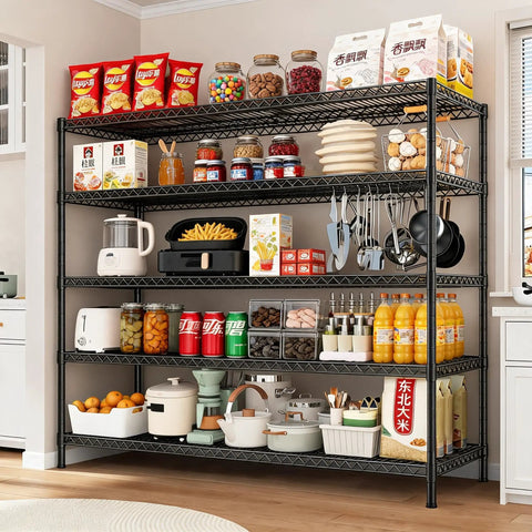 Beefy Five Tier Heavy Duty Adjustable Wire Shelving Rack With Three Thousand Two Hundred Lbs Max Capacity For Garage Organization Kitchen Pantry And Stacking Storage Built Tight To Handle Your Heaviest Gear Measures Fifty Nine By Eighteen By Seventy One, displaying food and kitchen items.