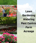 Images of lawn care, gardening, watering, pest control, farm, and acreage, illustrating uses for 24V Rechargeable Battery ATV Sprayer.