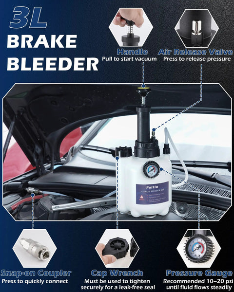 One Man Brake Bleeder Kit With 1L Catch Bottle For Flushing Brakes And Clutch System, manual power bleeder pump shown installed