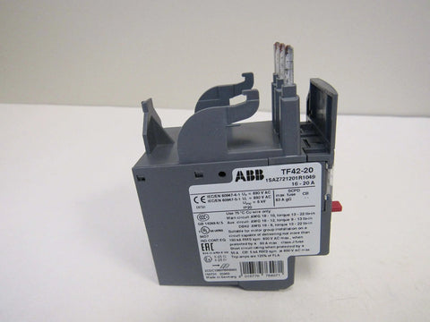 Single TF42-20 Thermal Overload Relay 16-20 A for 3-Phase Motors, IEC Motor Protection, side view with label