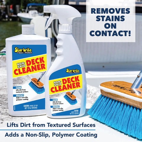 Bottles of Non Skid Boat Deck Cleaner And Protectant With UV Shield No Scrub Needed on a boat with cleaning brush.