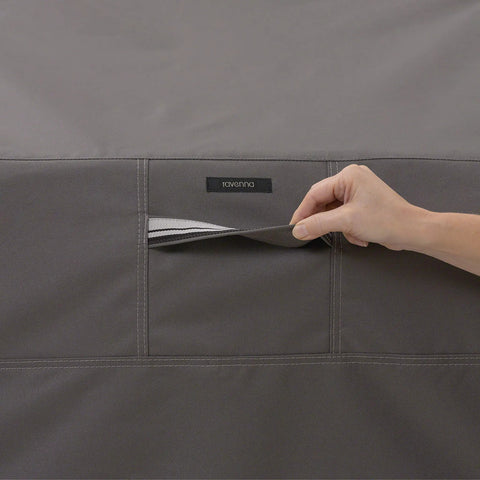 Close-up view of Ravenna 48 Inch Rectangular Patio Coffee Table Cover Weatherproof Water Resistant Heavy Duty Outdoor Table Protector showing fabric.