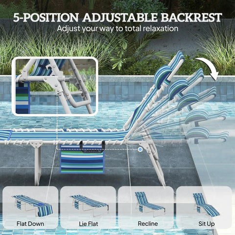 Face Hole Tanning Chair With Side Table And Carry Straps, 5 Position Folding Chaise Lounge for Beach or Pool near water, blue stripe