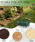 Rolling Lawn Aerator With Double Spike Design in garden setting, showing adjustable handle and fillable drum on lawn