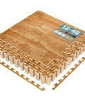Wood Grain Foam Floor Tiles With Interlocking EVA Puzzle Mats And Borders, Three Eighths Inch Thick, 48 Sq Ft Coverage, stacked