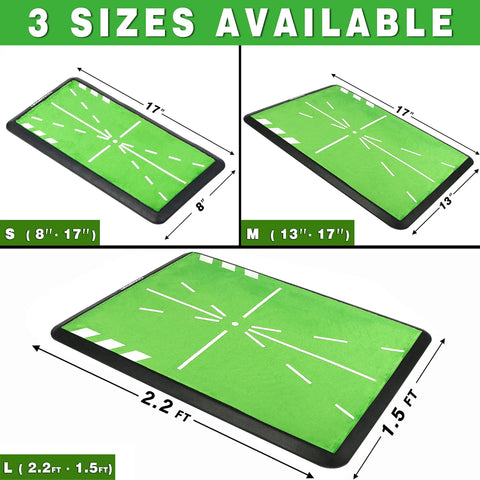 8x17 Inch Premium Impact Golf Mat Upgraded Version With Path Feedback For Practice showing three size options and dimensions