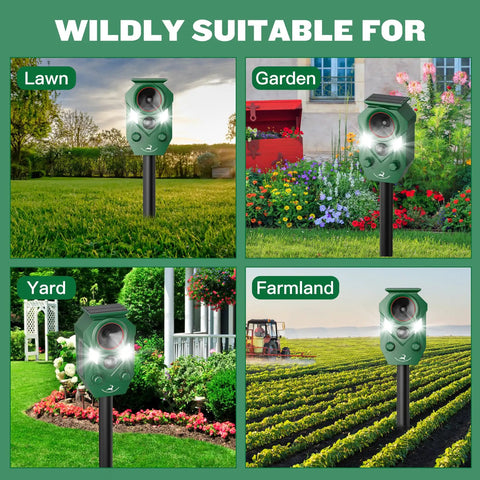 Solar Powered Ultrasonic Animal Repellent 4 Pack Waterproof Cat Deterrent With Flashing Lights And Motion Sensor For Outdoor Yard To Keep Pests Away And Keep Your Yard Pest Free From Cats Coyotes Raccoons And Deer Naturally on lawn, garden, yard, and farmland