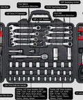 101 Piece Mechanic Tool Set For Roadside Emergencies With SAE And Metric Sockets Wrenches in Compact Carrying Case Red
