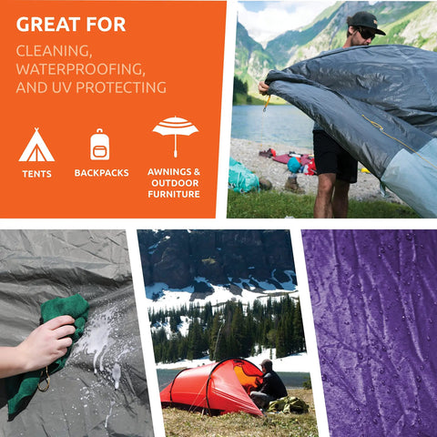 Collage showing uses of Targeted Duo Pack 500ml SolarWash And SolarProof Cleaning And Waterproofing Spray on outdoor gear