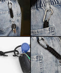 2 Pack Black Paracord Keychain Carabiner Clips With Heavy Duty Chain Hooks attached to denim jeans showing use for keys