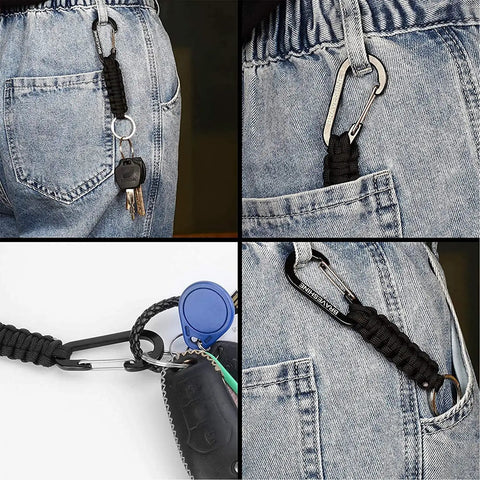 2 Pack Black Paracord Keychain Carabiner Clips With Heavy Duty Chain Hooks attached to denim jeans showing use for keys