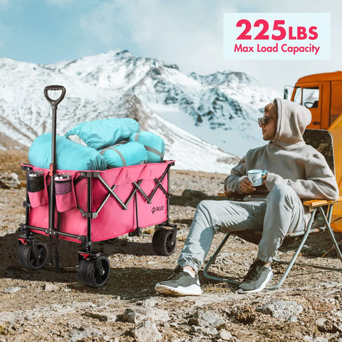 Pink All Terrain Folding Wagon Cart With Big Wheels Heavy Duty Collapsible Utility Cart 225 Lb Capacity in outdoor setting