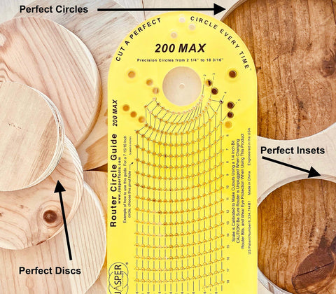 Circle Cutting Guide Kit For Plunge Routers, Adjustable 2 1/4 To 18 3/16 Inch Circles, High Strength Acrylic Jig displayed with wooden discs