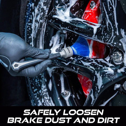 Ergonomic Lug Nut Cleaning Brush For Wheels And Rim Detailing Long Soft Bristles That Conform To Recessed Areas Grey 8.5 Inch By 1 Inch Rubber Gripped Handle Slick Car Detailing Tool cleaning brake dust from a foamed wheel rim