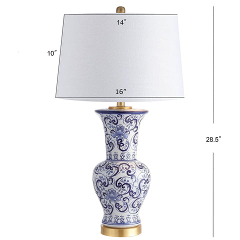 Blue And White Chinoiserie Ceramic LED Table Lamp With White Linen Shade Hand Painted Floral Vase Style For A Cozy Living Room Vibe Traditional Decor ETL Listed UL Safety LED Bulb Included, 28.5-inch.