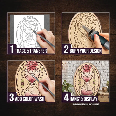 Step-by-step guide using Starter Wood Burning Kit With Burner Pen, 5 Interchangeable Tips, 48-Piece Deluxe Pyrography Set.