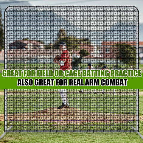 Baseball And Softball Pitching Screen with ten by ten steel frame in a field setup for batting practice, showing sturdy net and frame.
