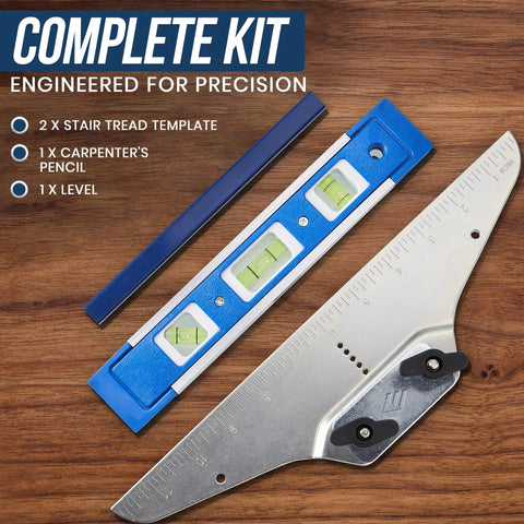 Complete kit showing stair tread template tool for DIYers and beginners, stair gauge set with carpenter pencil and level.