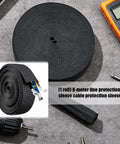 Heavy Duty Nylon Cable Protector Sleeve For Wire Harnesses, Flexible Braided Cord Cover With Flame Resistant Build, Quick Cut Install And Rock Solid Wear Protection Keeps Cables Looking Sharp And Running Smooth on a gray work surface.