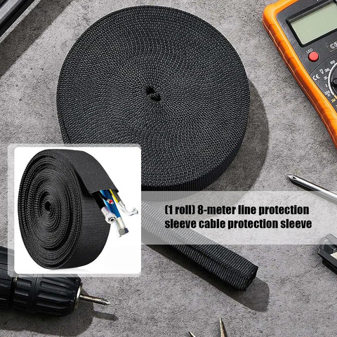 Heavy Duty Nylon Cable Protector Sleeve For Wire Harnesses, Flexible Braided Cord Cover With Flame Resistant Build, Quick Cut Install And Rock Solid Wear Protection Keeps Cables Looking Sharp And Running Smooth on a gray work surface.