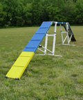 6 Foot Dog Agility Walk With Aluminum Rails And Rubber Surface Adjustable Height Two Ramps And Center Board in grassy area