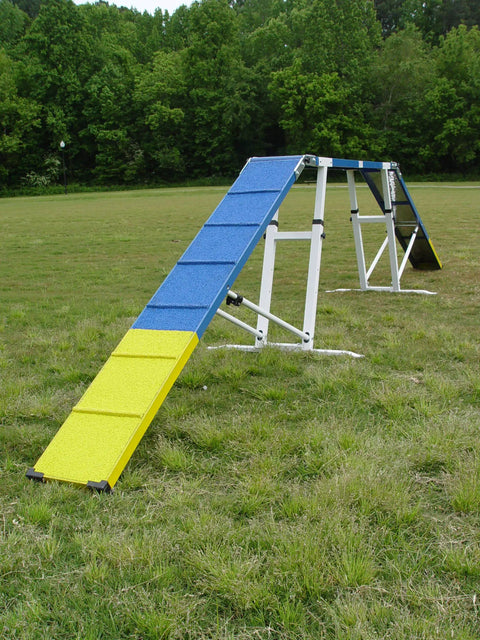 6 Foot Dog Agility Walk With Aluminum Rails And Rubber Surface Adjustable Height Two Ramps And Center Board in grassy area