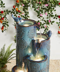 Turquoise Outdoor Water Fountain With LED Lights And Pump Dope 4 Tier Dandelion Texture Vase Shaped Ceramic Floor Standing With Birds
