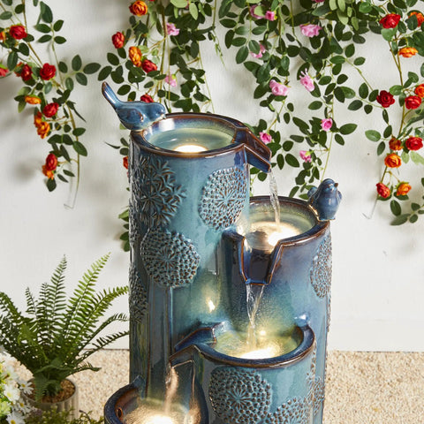 Turquoise Outdoor Water Fountain With LED Lights And Pump Dope 4 Tier Dandelion Texture Vase Shaped Ceramic Floor Standing With Birds