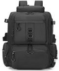 Front view of 45L Insulated Tackle Backpack for Fishing Gear, waterproof travel bag with cold upper compartment, black color