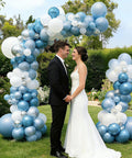 Balloon Arch Stand Kit, two balloon arches built with blue, white, and silver balloons for outdoor wedding decor