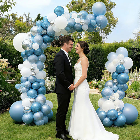 Balloon Arch Stand Kit, two balloon arches built with blue, white, and silver balloons for outdoor wedding decor