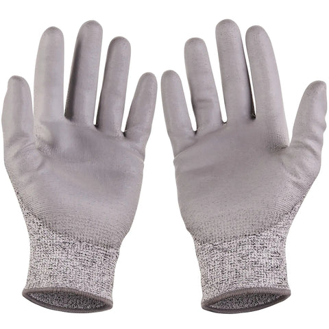 Durable Work Gloves With PU Coated Palm For Men And Women, Cut Resistant EN 388 Level 5 HPPE Liner, palm view, gray color
