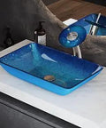 Ocean Blue Rectangular Glass Vessel Sink With Included Waterfall Faucet Above Counter Installation Dope Sleek Look