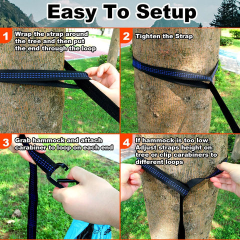 Four-step guide using Tree Hammock Straps Set Of 2 10 Feet Long With 38 Loops And 2 Carabiners No Fuss Heavy Duty Hammock Suspension Straps