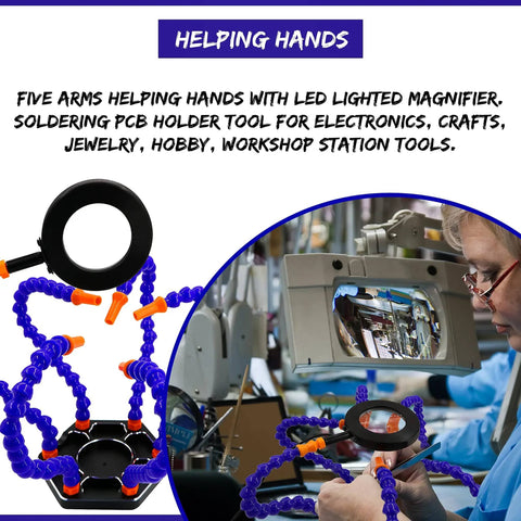 Five Arm Helping Hands With Led Magnifier For Electronics Soldering And PCB Workbench Organizer, Non Slip Weighted Stand