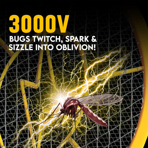 Close-up of Two Pack Electric Fly Zapper Racket Battery Powered Bug Swatter showing mosquito on 3 layer mesh with 3000V sparks