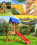 Wooden Backyard Playset With Monkey Bars And Wave Slide For Kids Ages 3 To 6 Includes 2 Belt Swings Climbing Ladder Rock Wall Play Deck And Canopy Roof For Outdoor Fun in garden