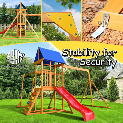 Wooden Backyard Playset With Monkey Bars And Wave Slide For Kids Ages 3 To 6 Includes 2 Belt Swings Climbing Ladder Rock Wall Play Deck And Canopy Roof For Outdoor Fun in garden