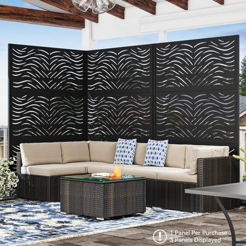 4x6 Ft Metal Privacy Screen With Artistic Modular Designs For Patio And Garden Freestanding Outdoor Fence Panel Weather Resistant Laser Cut Ripple Flow Pattern For Dope Shade Privacy And Decorative Divider in garden setup with furniture