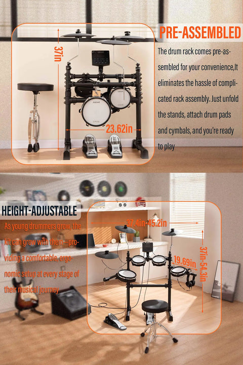B Core 530 Electric Drum Set With Dual Zone Quiet Mesh Pads illustrated in a pre-assembled and height-adjustable design in a home setting